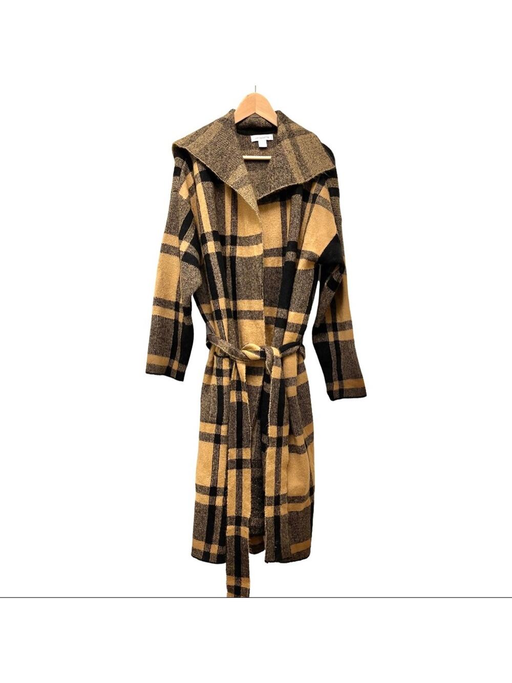NEW - Liz Claiborne maxi cardigan plaid brown black size 1X belt & pockets fall